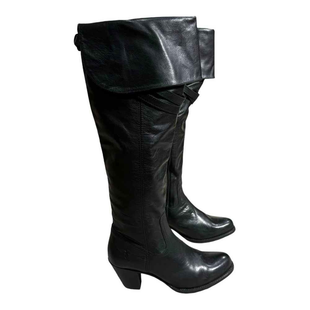 Frye Black Leather Fold-Over Heeled Boots